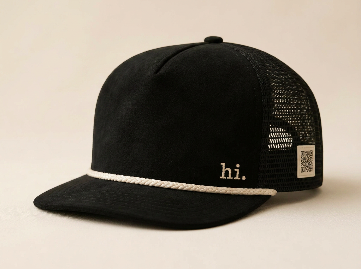 Classic Rope Trucker — black with cream rope visor and a small cream 'hi.' embroidered on the front