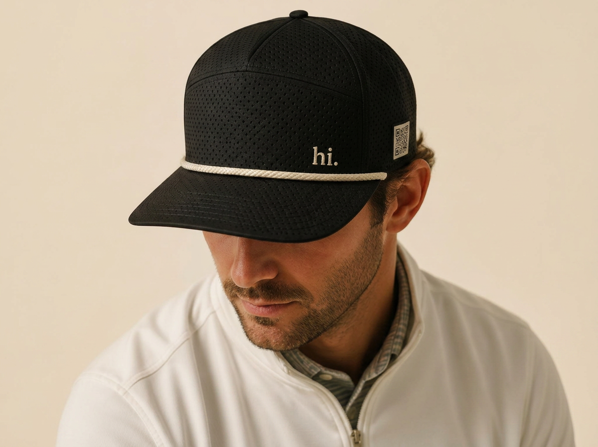 Performance Rope Hat — black with cream rope visor and a small cream 'hi.' embroidered on the front